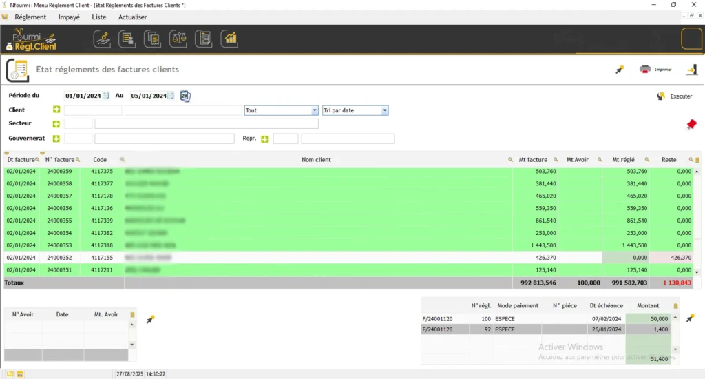 Etat réglement facture client
